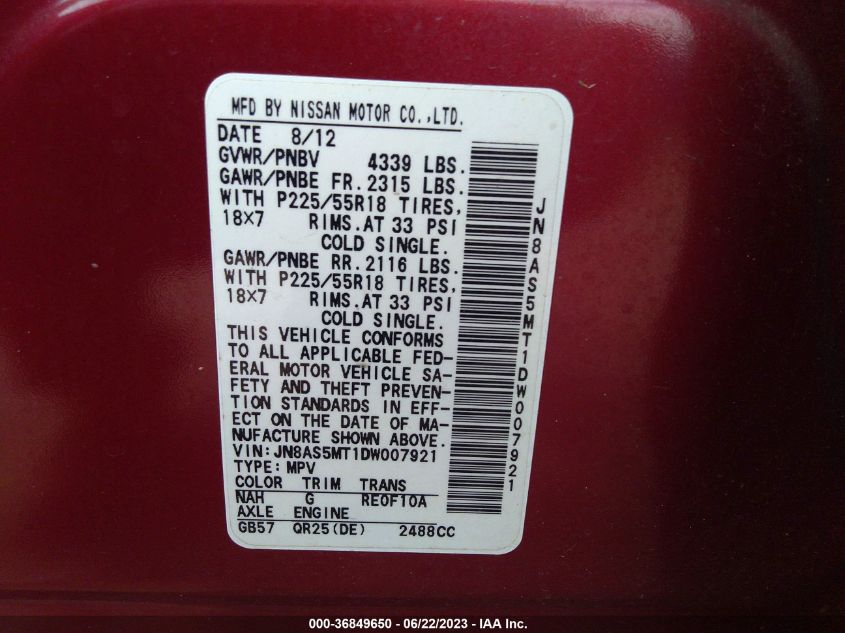 2013 NISSAN ROGUE SL - JN8AS5MT1DW007921