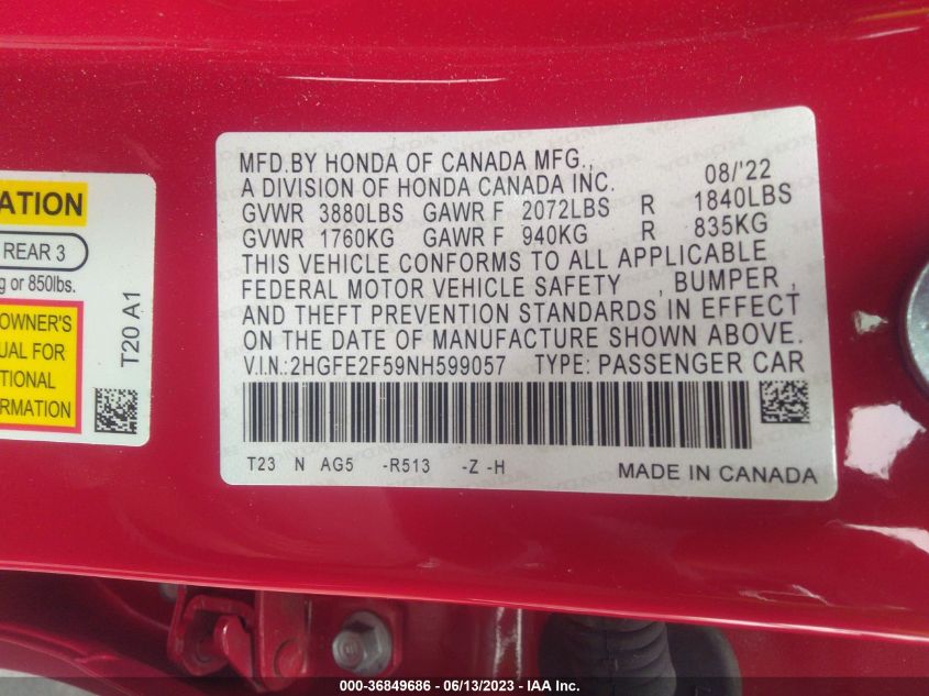 2022 HONDA CIVIC SEDAN SPORT - 2HGFE2F59NH599057