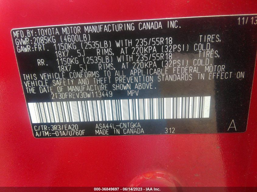 2013 TOYOTA RAV4 LIMITED - 2T3DFREV3DW113449