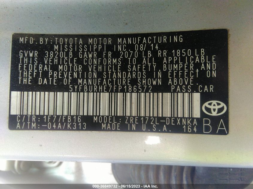 2015 TOYOTA COROLLA L/LE/LE PLS/PRM/S/S PLS - 5YFBURHE7FP186572