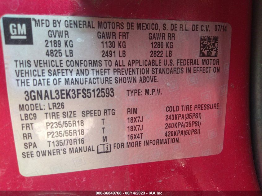 2015 CHEVROLET CAPTIVA SPORT LT - 3GNAL3EK3FS512593