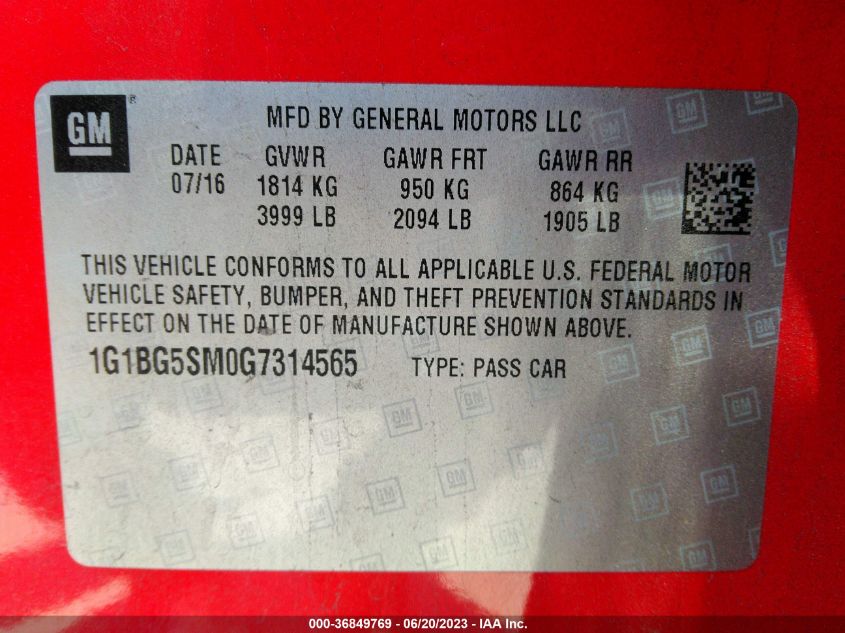 2016 CHEVROLET CRUZE PREMIER - 1G1BG5SM0G7314565