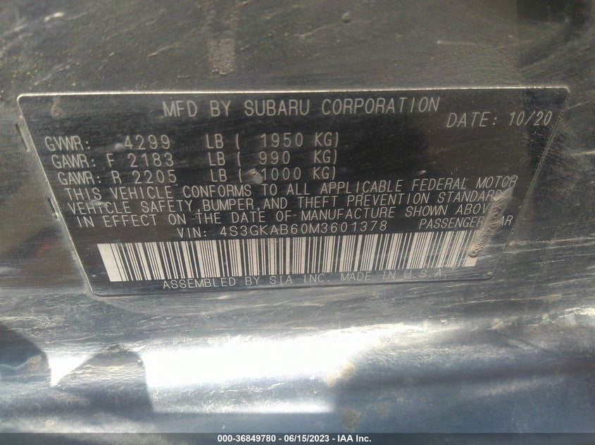 VIN 4S3GKAB60M3601378 2021 SUBARU IMPREZA