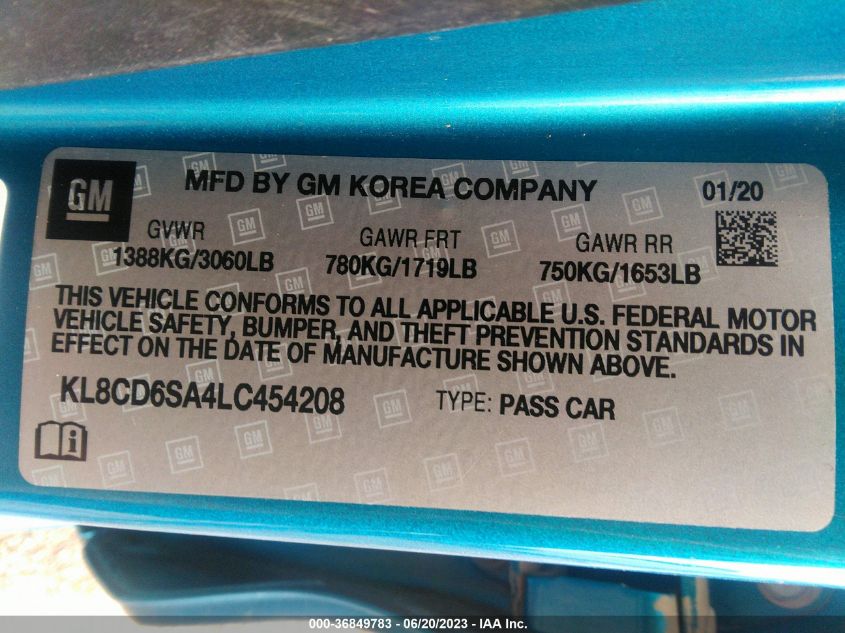 2020 CHEVROLET SPARK LT - KL8CD6SA4LC454208