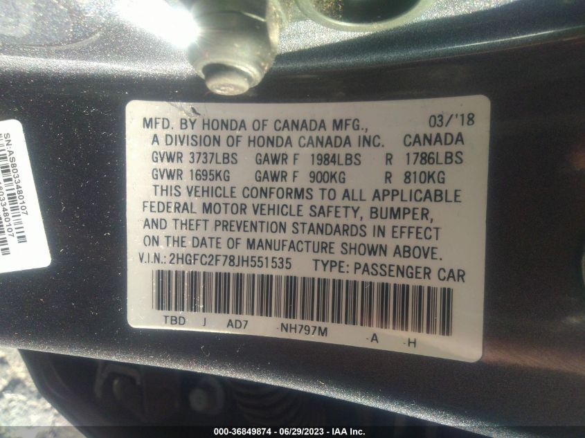 2018 HONDA CIVIC SEDAN EX - 2HGFC2F78JH551535