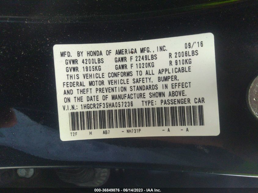 2017 HONDA ACCORD SEDAN LX - 1HGCR2F35HA057236