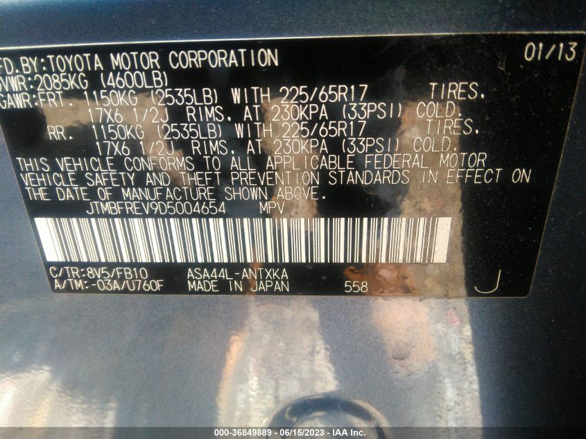 2013 TOYOTA RAV4 LE - JTMBFREV9D5004654