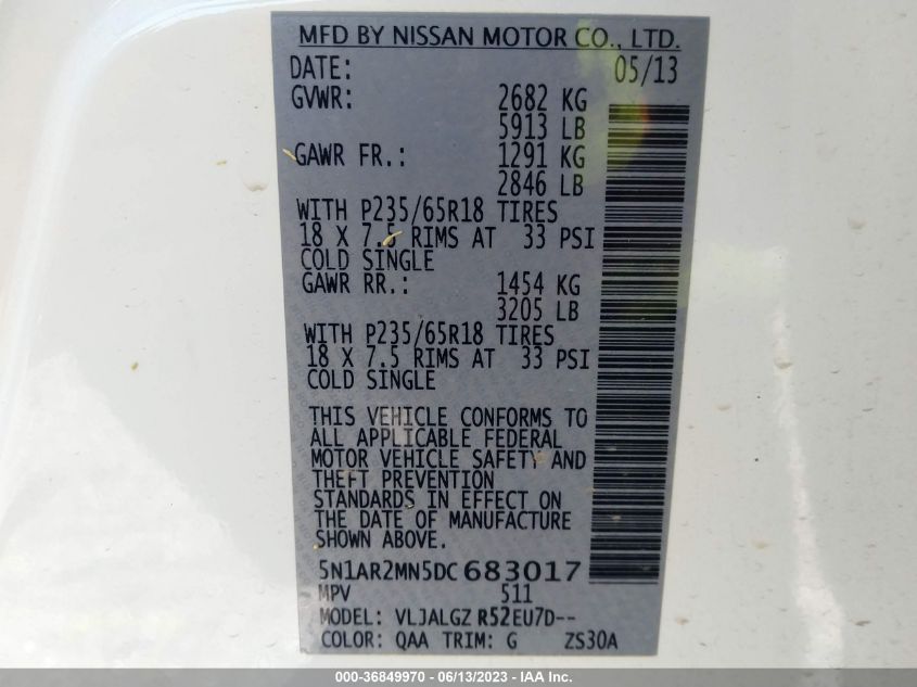 2013 NISSAN PATHFINDER SL - 5N1AR2MN5DC683017