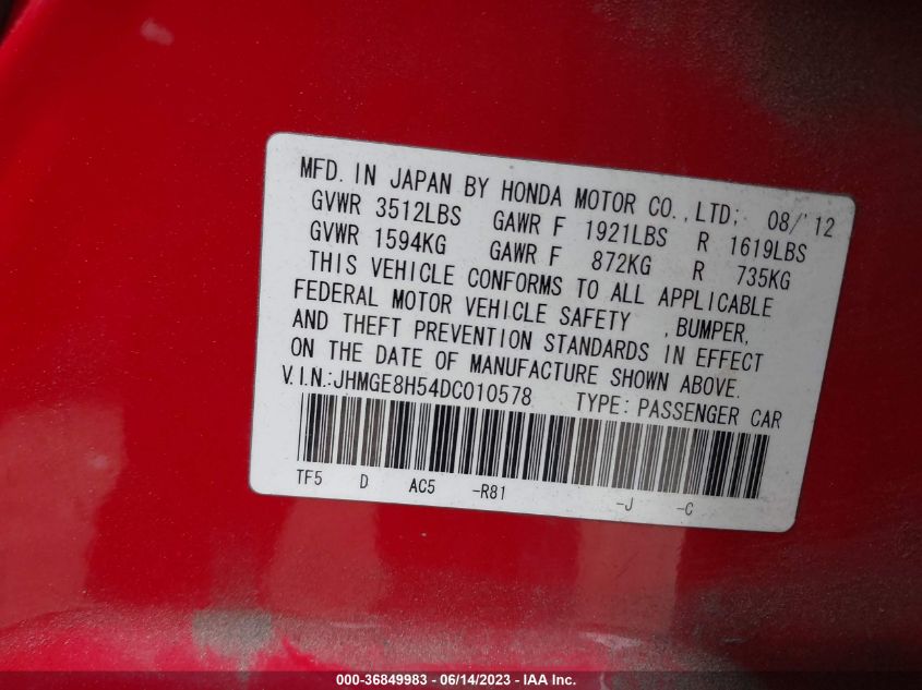 2013 HONDA FIT SPORT - JHMGE8H54DC010578