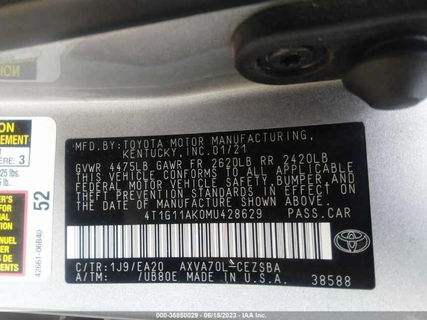 2021 TOYOTA CAMRY SE - 4T1G11AK0MU428629
