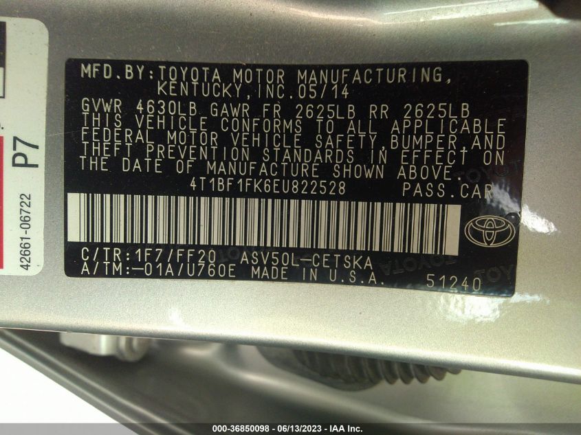 2014 TOYOTA CAMRY L/LE/XLE/SE/SE SPORT - 4T1BF1FK6EU822528