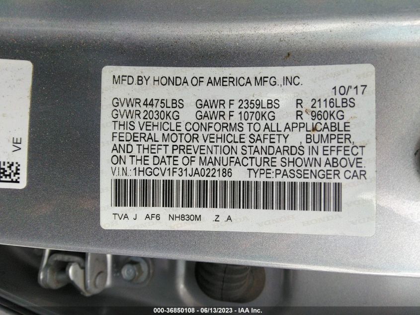 2018 HONDA ACCORD SEDAN SPORT 1.5T - 1HGCV1F31JA022186