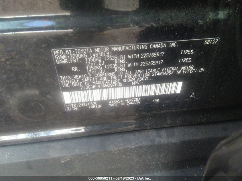 VIN 2T3G1RFV1NW297009 2022 TOYOTA RAV4 LE