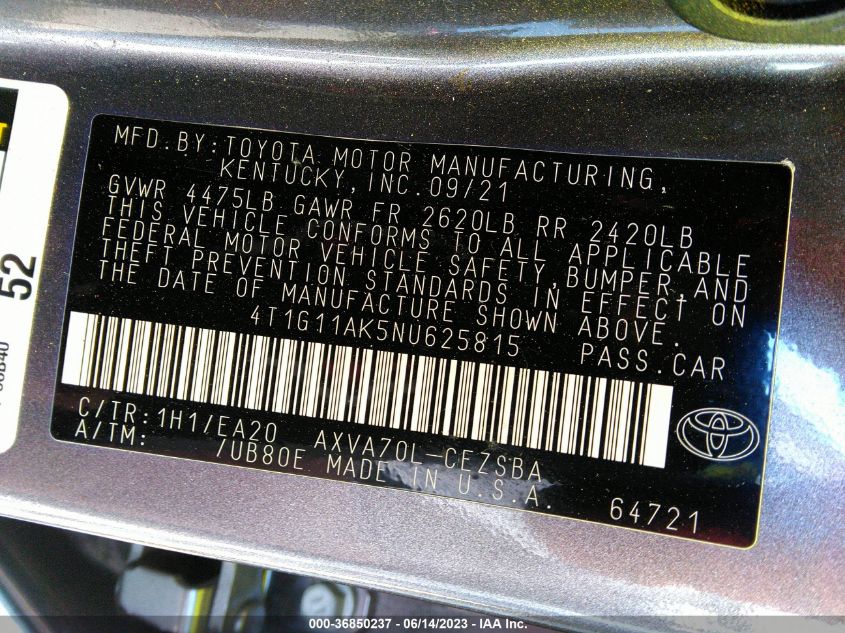 2022 TOYOTA CAMRY SE/SE NIGHT SHADE - 4T1G11AK5NU625815