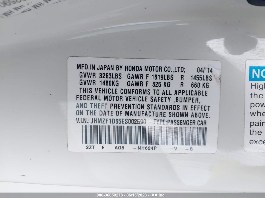 2014 HONDA CR-Z EX JHMZF1D65ES002590