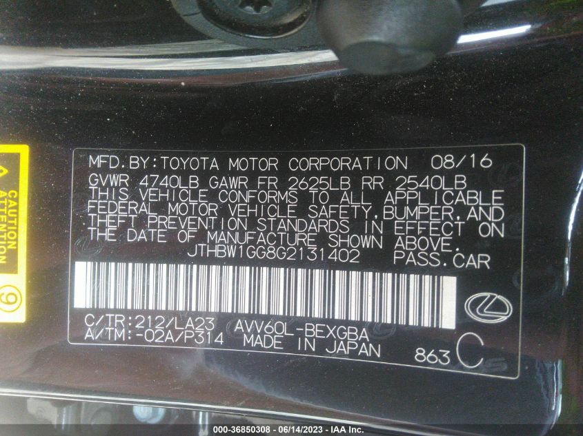 2016 LEXUS ES 300H HYBRID JTHBW1GG8G2131402