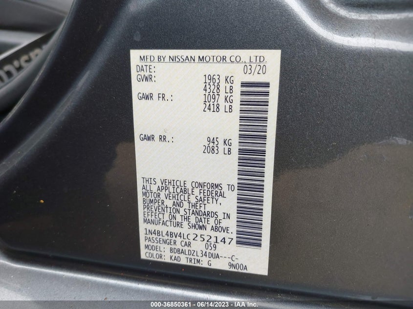 VIN 1N4BL4BV4LC252147 2020 NISSAN ALTIMA 2.5 S