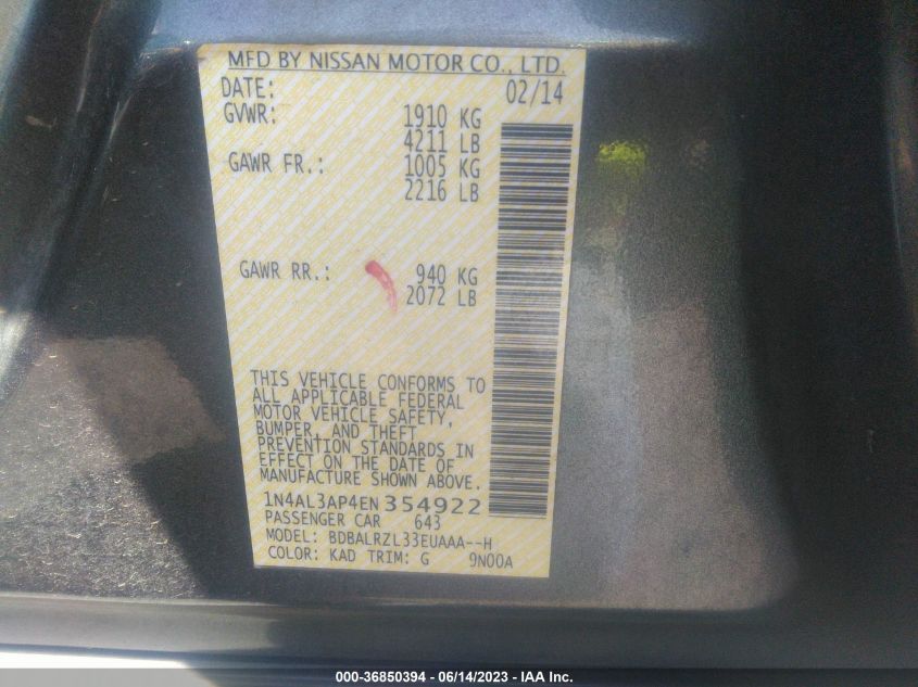 2014 NISSAN ALTIMA 2.5 S - 1N4AL3AP4EN354922