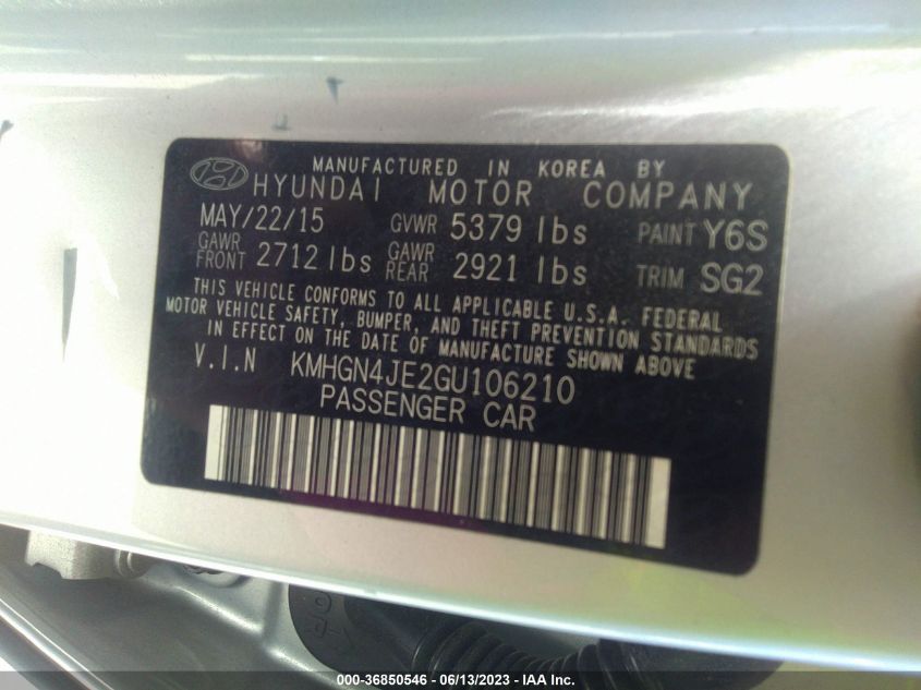 2016 HYUNDAI GENESIS 3.8L - KMHGN4JE2GU106210