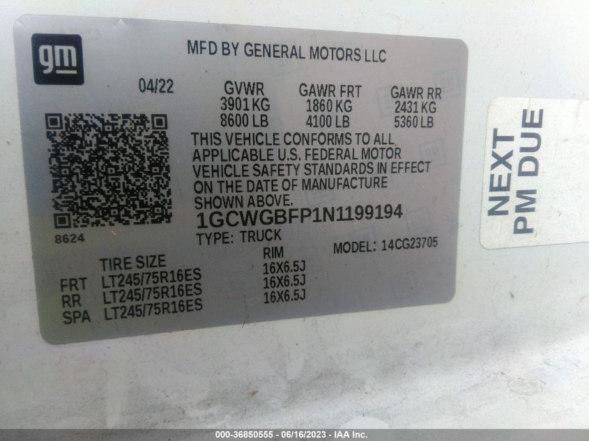 2022 CHEVROLET EXPRESS CARGO VAN - 1GCWGBFP1N1199194