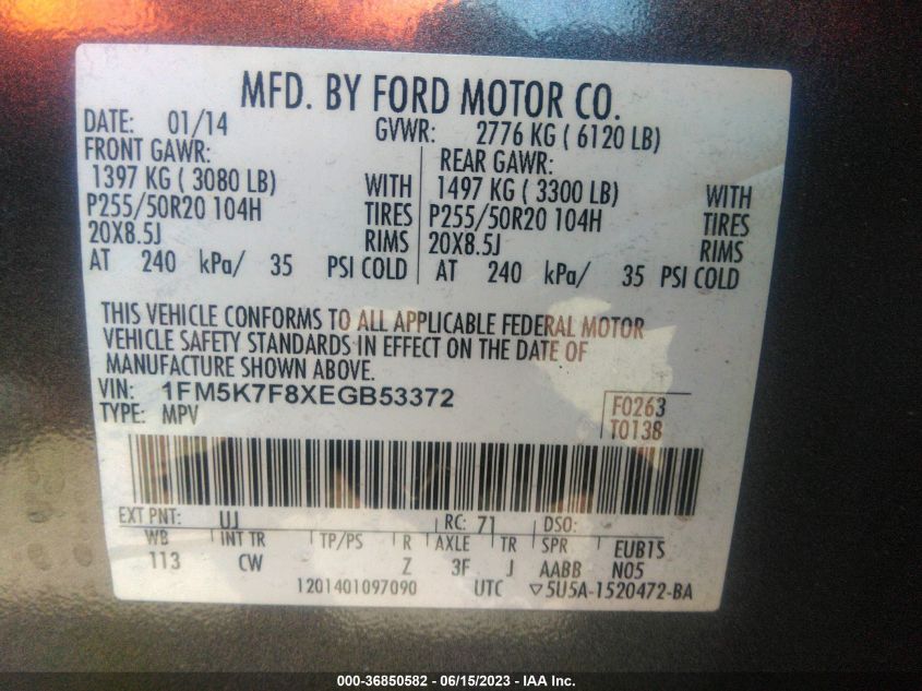 2014 FORD EXPLORER LIMITED - 1FM5K7F8XEGB53372