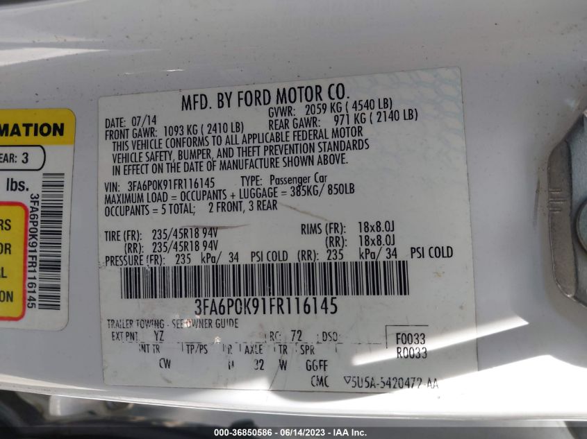 2015 FORD FUSION TITANIUM - 3FA6P0K91FR116145