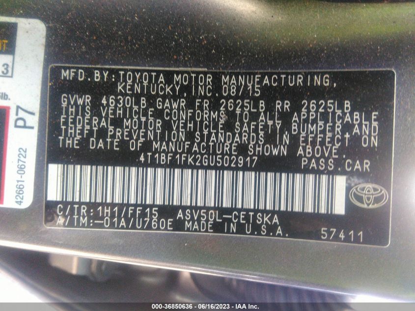 2016 TOYOTA CAMRY XLE/SE/LE/XSE - 4T1BF1FK2GU502917