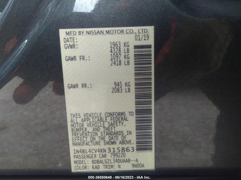 2019 NISSAN ALTIMA 2.5 SR - 1N4BL4CV4KN315863