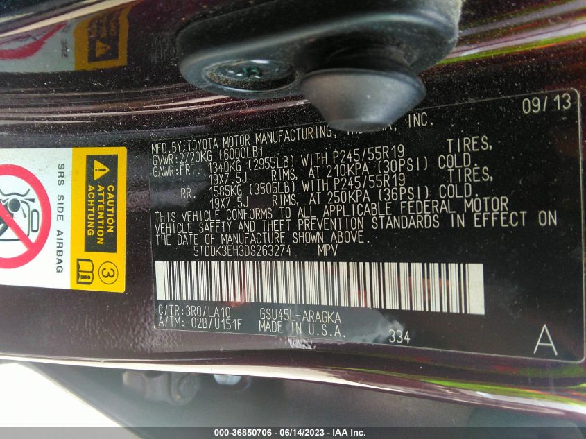 2013 TOYOTA HIGHLANDER LIMITED - 5TDDK3EH3DS263274