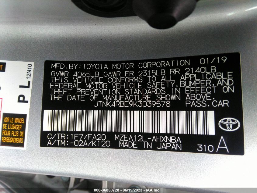 2019 TOYOTA COROLLA HATCHBACK SE/XSE JTNK4RBE9K3039578