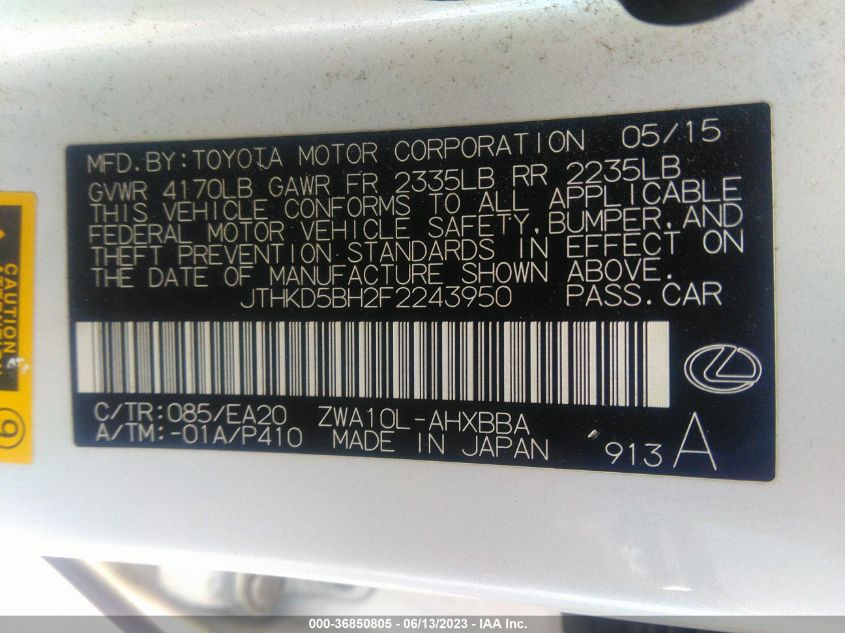 2015 LEXUS CT 200H HYBRID - JTHKD5BH2F2243950
