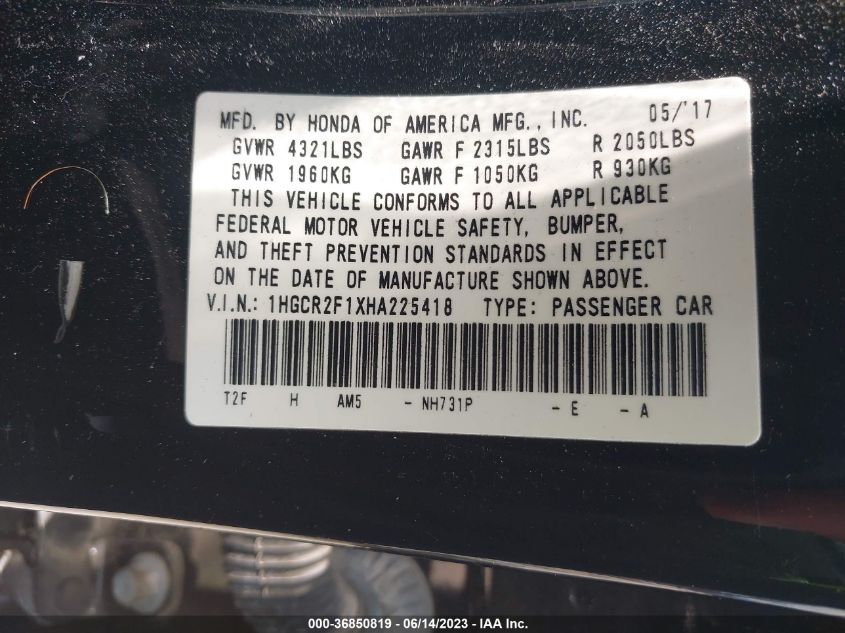 2017 HONDA ACCORD SEDAN SPORT SE - 1HGCR2F1XHA225418