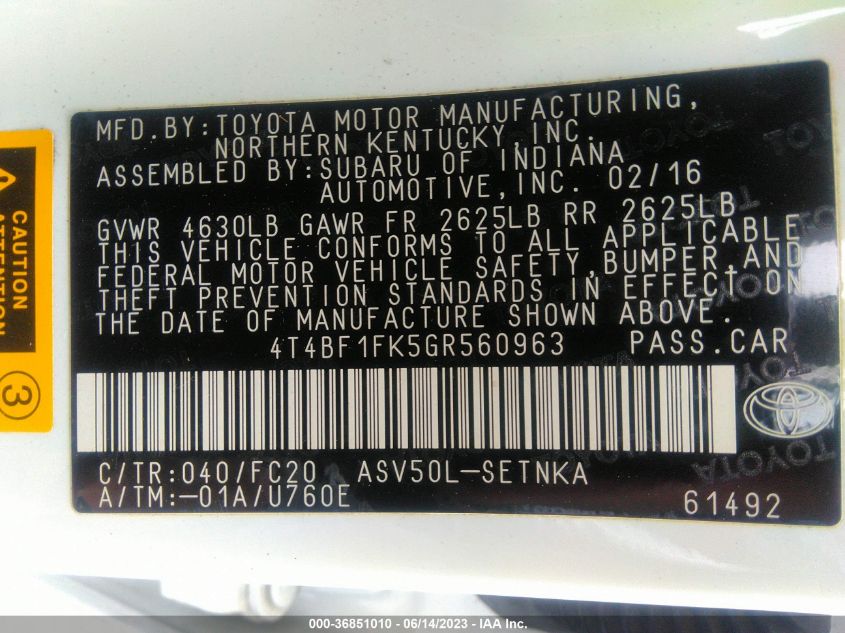 2016 TOYOTA CAMRY XLE/SE/LE/XSE - 4T4BF1FK5GR560963