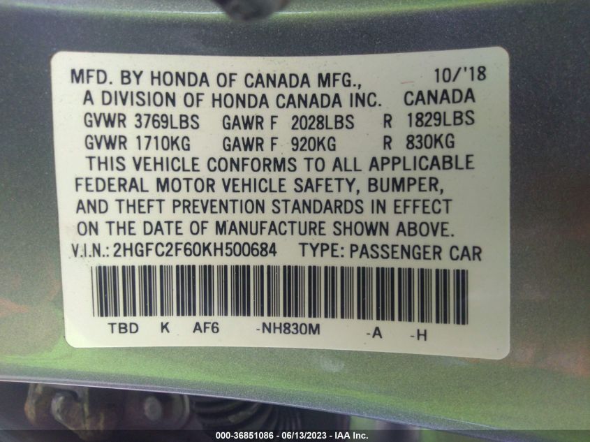 2019 HONDA CIVIC SEDAN LX - 2HGFC2F60KH500684