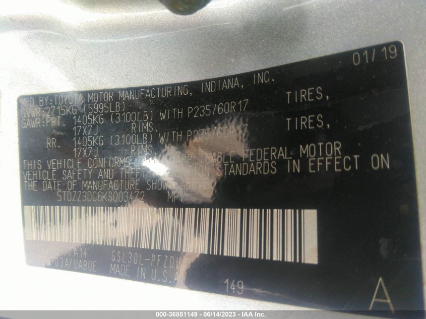 2019 TOYOTA SIENNA L - 5TDZZ3DC6KS003472