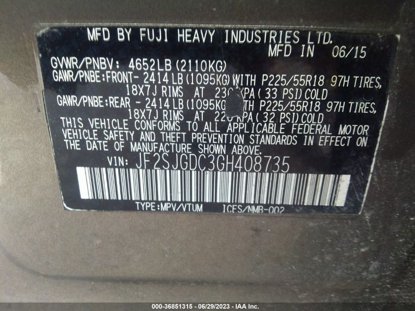 2016 SUBARU FORESTER 2.0XT PREMIUM - JF2SJGDC3GH408735
