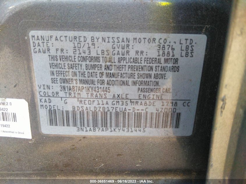 2019 NISSAN SENTRA SV - 3N1AB7AP1KY431445