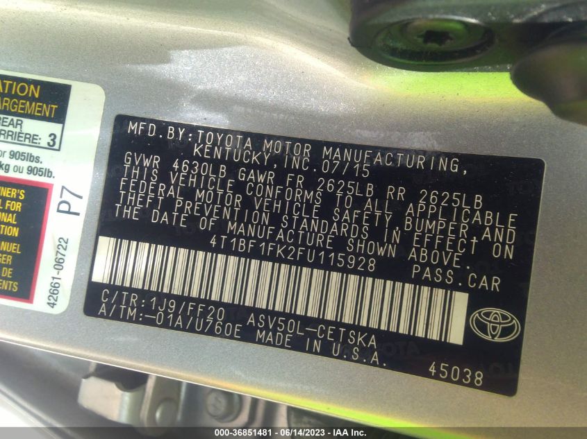 2015 TOYOTA CAMRY XLE/SE/LE/XSE - 4T1BF1FK2FU115928