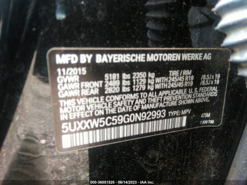 2016 BMW X4 XDRIVE35I 5UXXW5C59G0N92993
