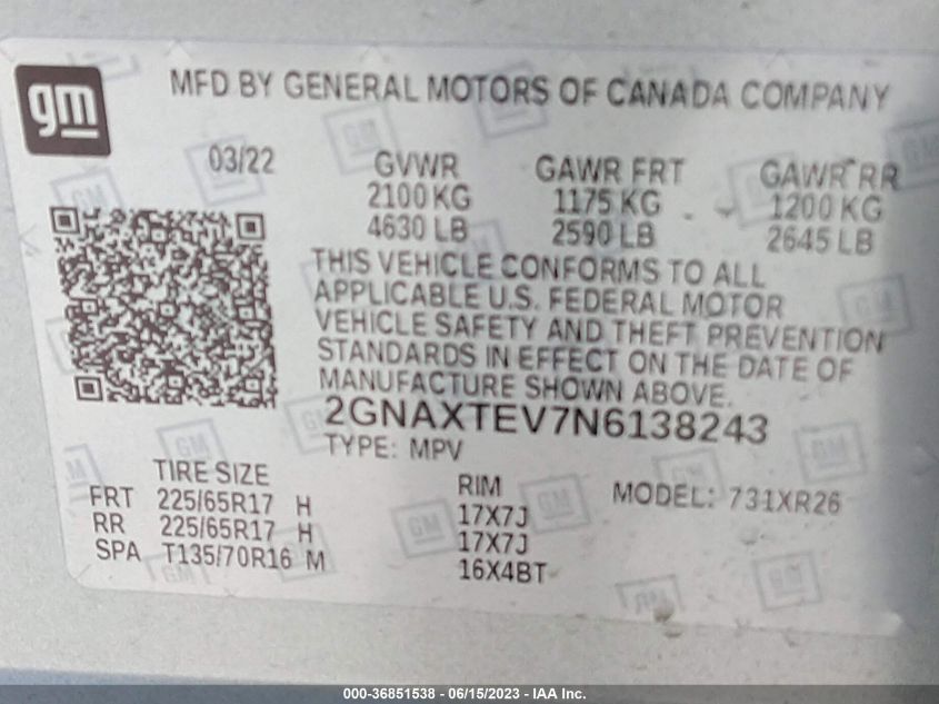 2022 CHEVROLET EQUINOX LT - 2GNAXTEV7N6138243