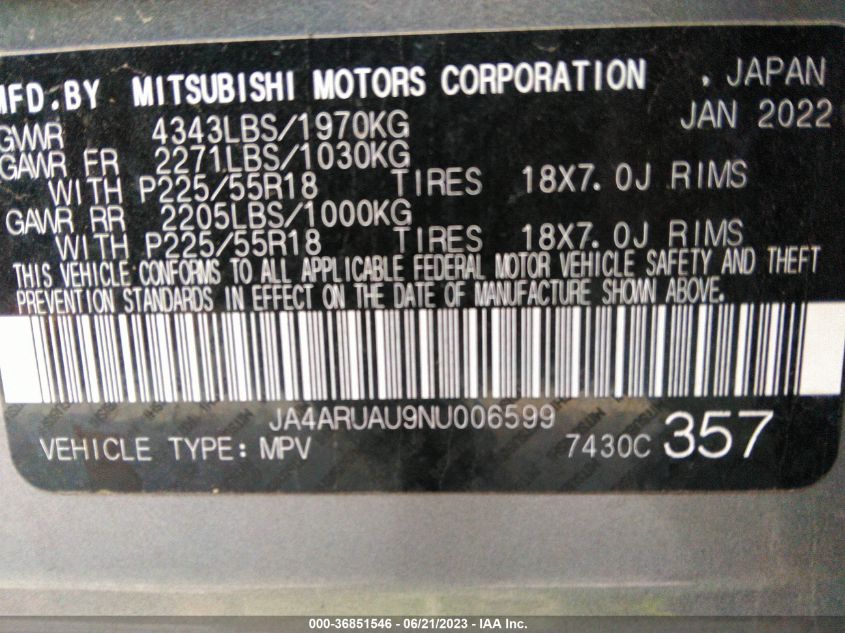2022 MITSUBISHI OUTLANDER SPORT LE - JA4ARUAU9NU006599