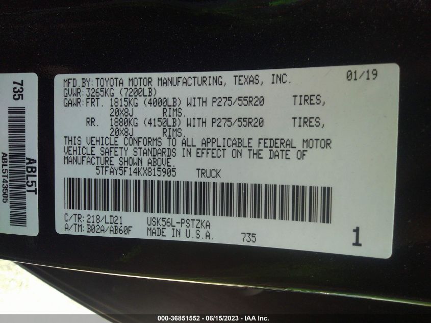 2019 TOYOTA TUNDRA 4WD 1794 EDITION - 5TFAY5F14KX815905