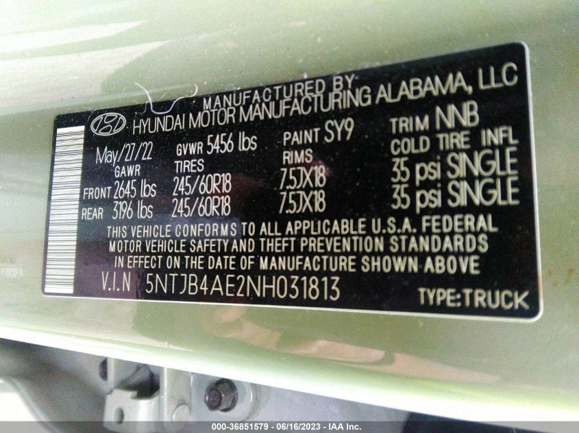 2022 HYUNDAI SANTA CRUZ SEL 5NTJB4AE2NH031813