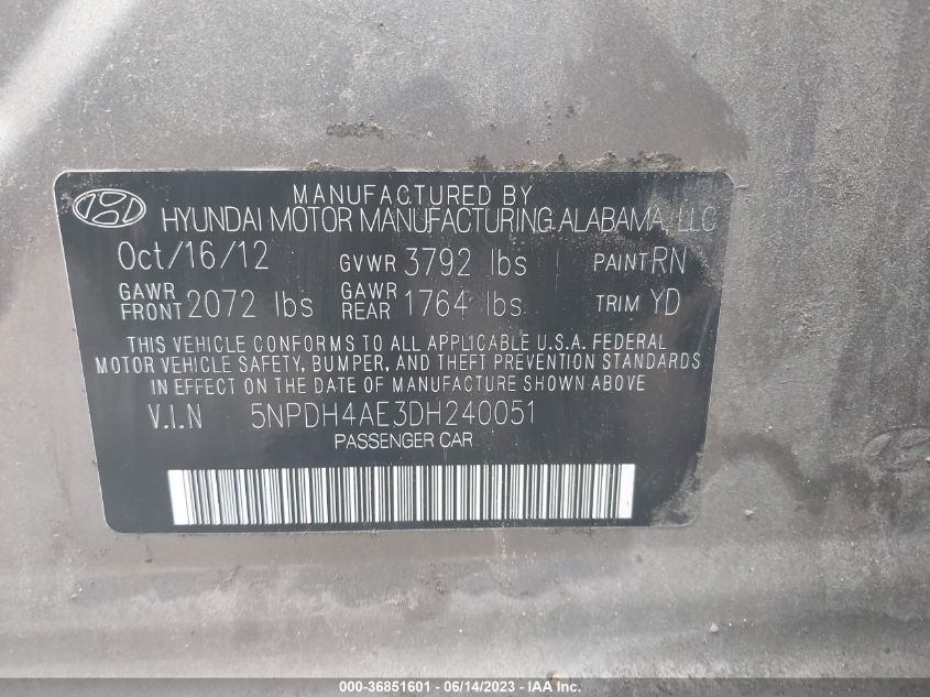 2013 HYUNDAI ELANTRA GLS/LIMITED - 5NPDH4AE3DH240051