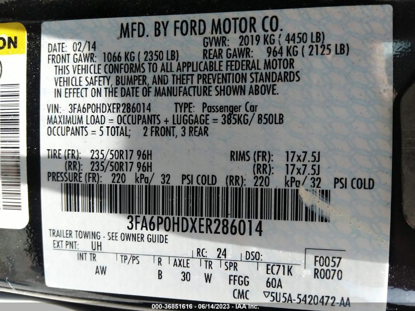 2014 FORD FUSION SE - 3FA6P0HDXER286014