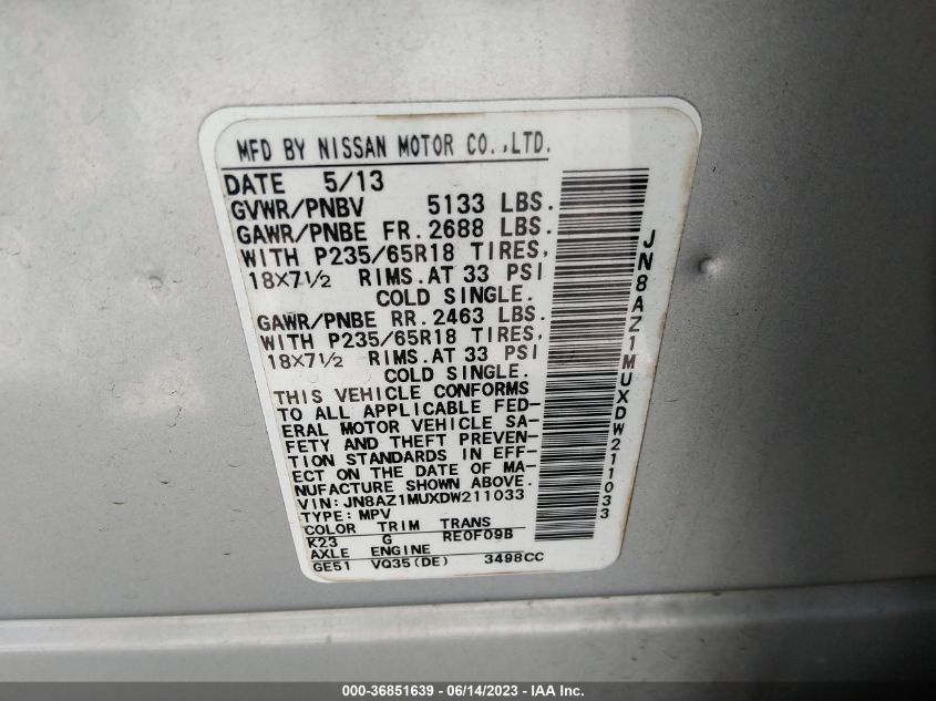 2013 NISSAN MURANO SV - JN8AZ1MUXDW211033