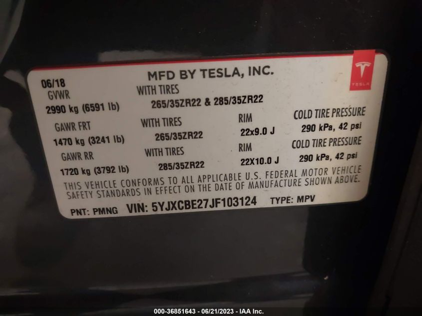 2018 TESLA MODEL X 75D/100D/P100D - 5YJXCBE27JF103124