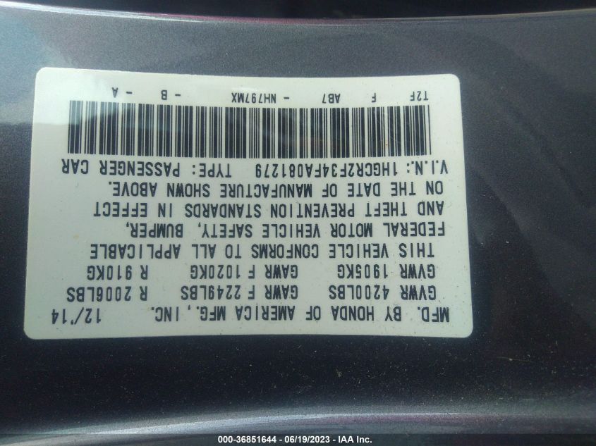 2015 HONDA ACCORD SEDAN LX - 1HGCR2F34FA081279