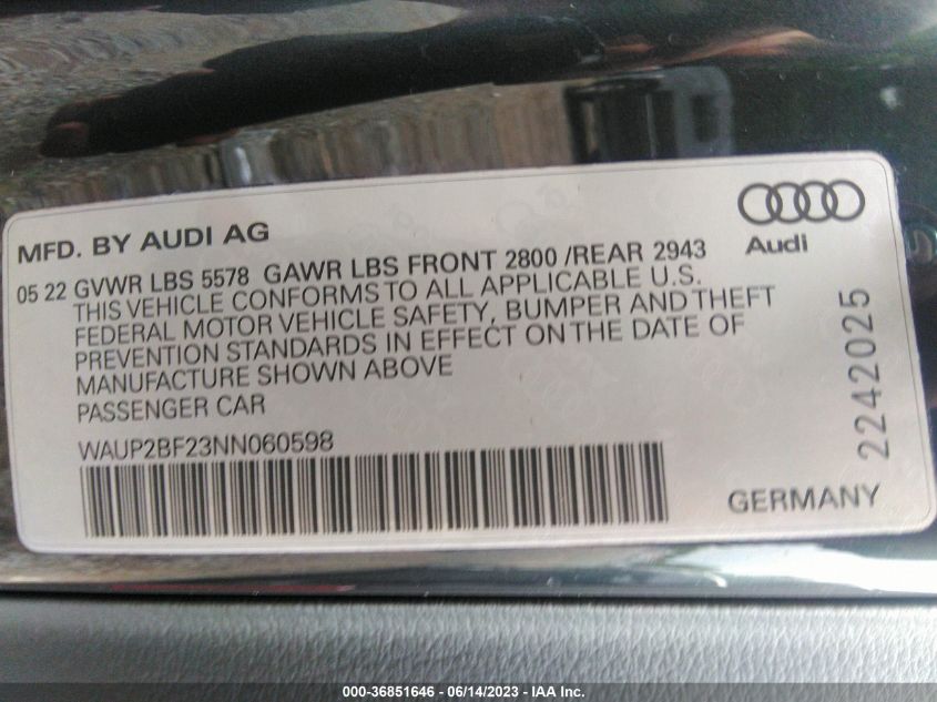 2022 AUDI A7 PREMIUM WAUP2BF23NN060598
