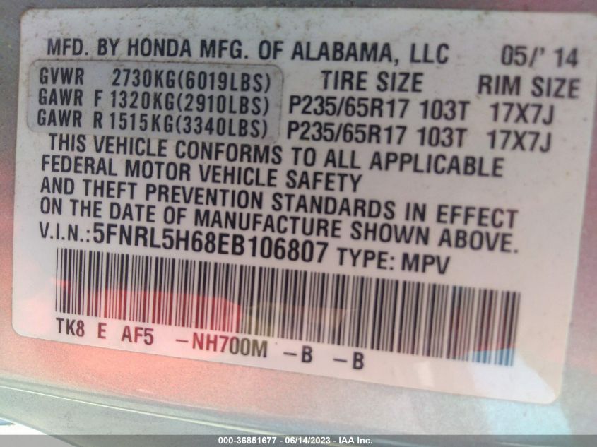 2014 HONDA ODYSSEY EX-L - 5FNRL5H68EB106807